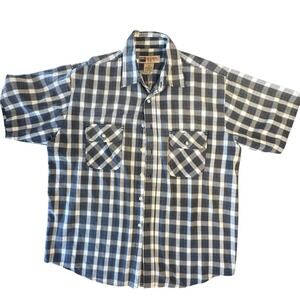 Big Mac Mens Plaid Short Sleeve Button Down Work Shirt Navy White Large